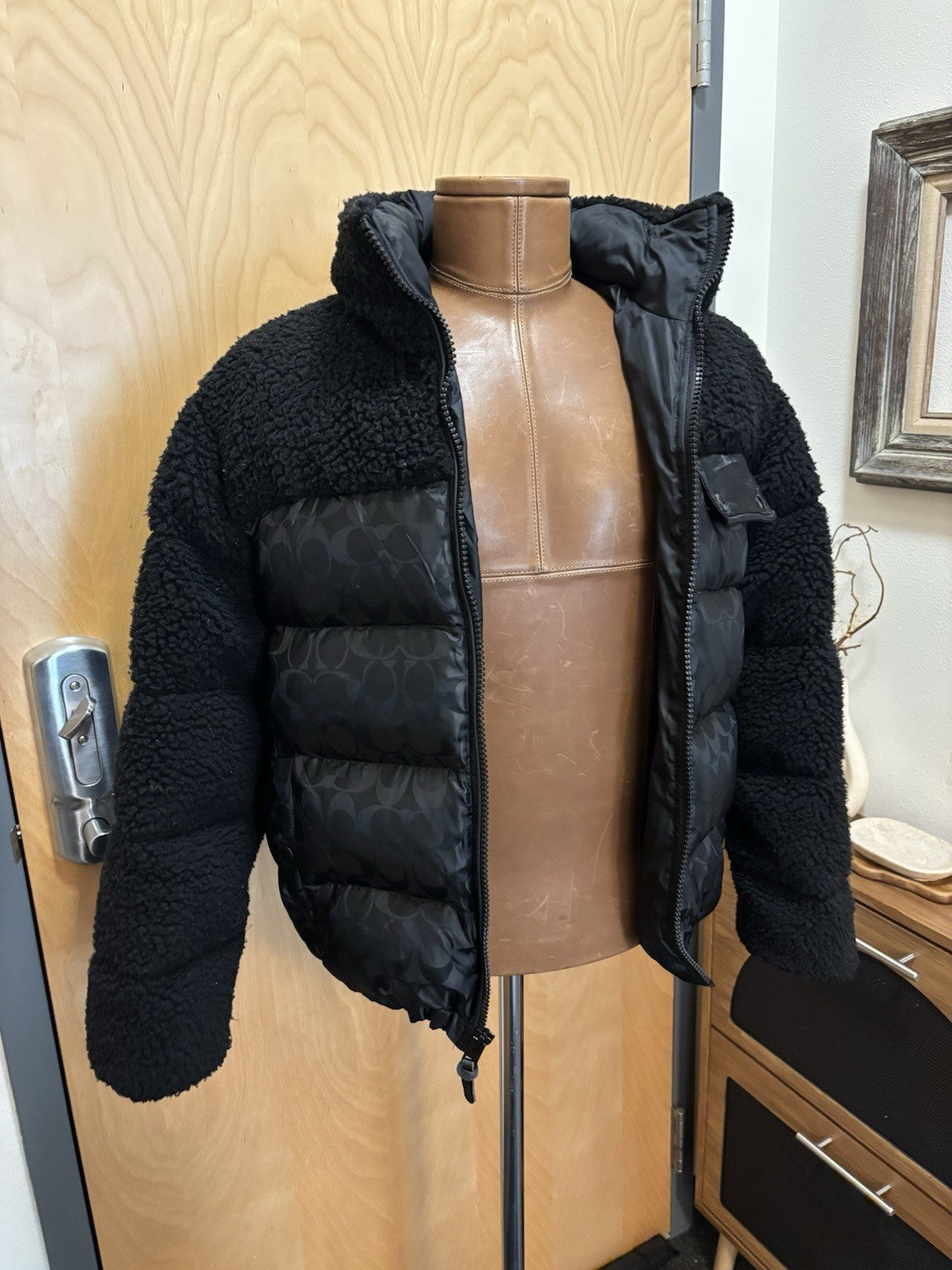 New COACH Runway Sherpa Puffer Coat Jacket Zip Signature Print Blk Size M ($895)