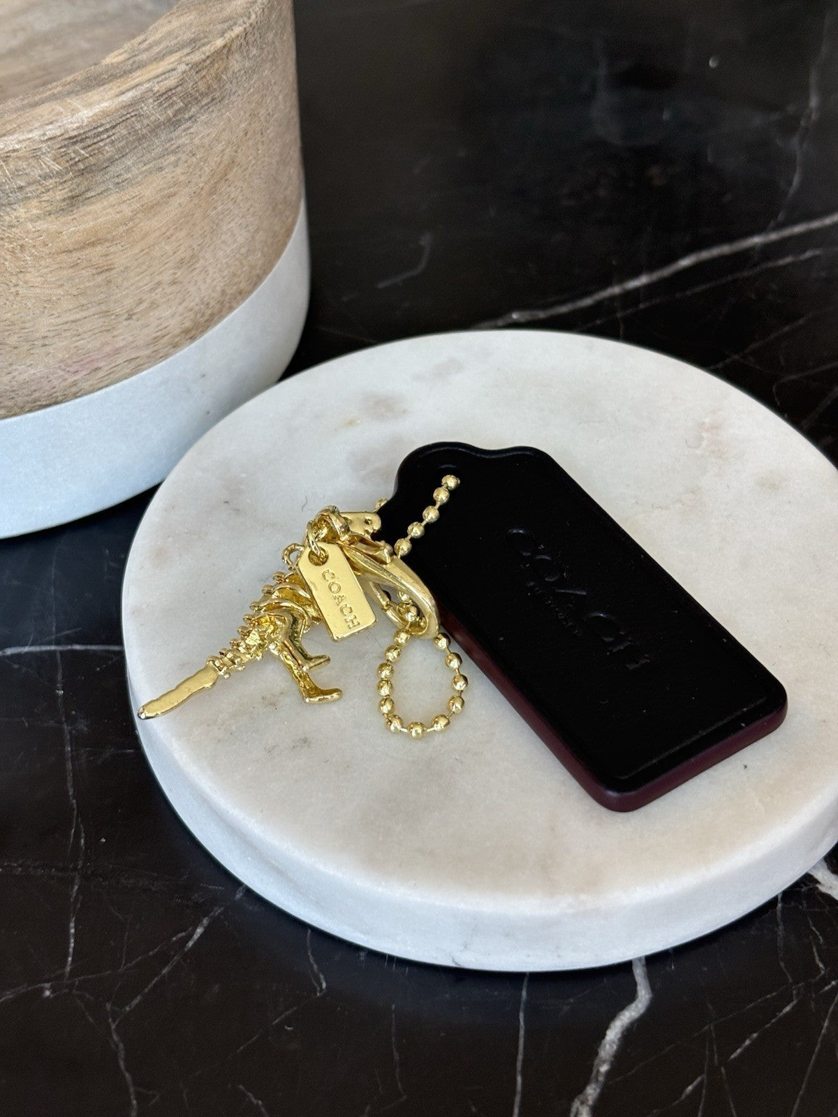 COACH New York Designer REXY Hang Tag Dino Bag Charm Fob Chain Gold/Black/Maroon
