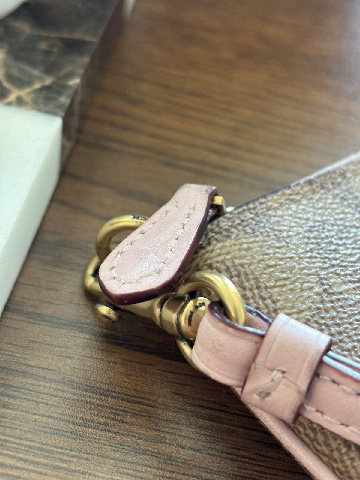 Designer COACH Zip Wristlet Signature Khaki/Tan Canvas Blush Pink Leather Stripe