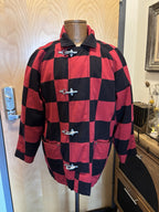ESPRIT 1990’s Vintage Red/Black Checkered Toggle Coat Jacket 100% Cotton Medium
