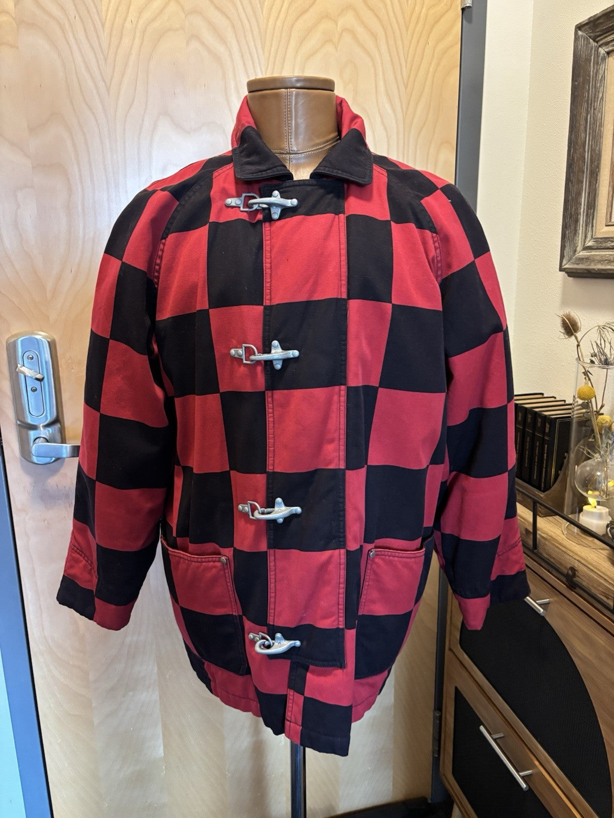 ESPRIT 1990’s Vintage Red/Black Checkered Toggle Coat Jacket 100% Cotton Medium