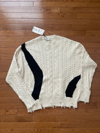 ZARA Cable Knit Crew Sweater Contrasting Cream Black Distressed Size L (org $70)