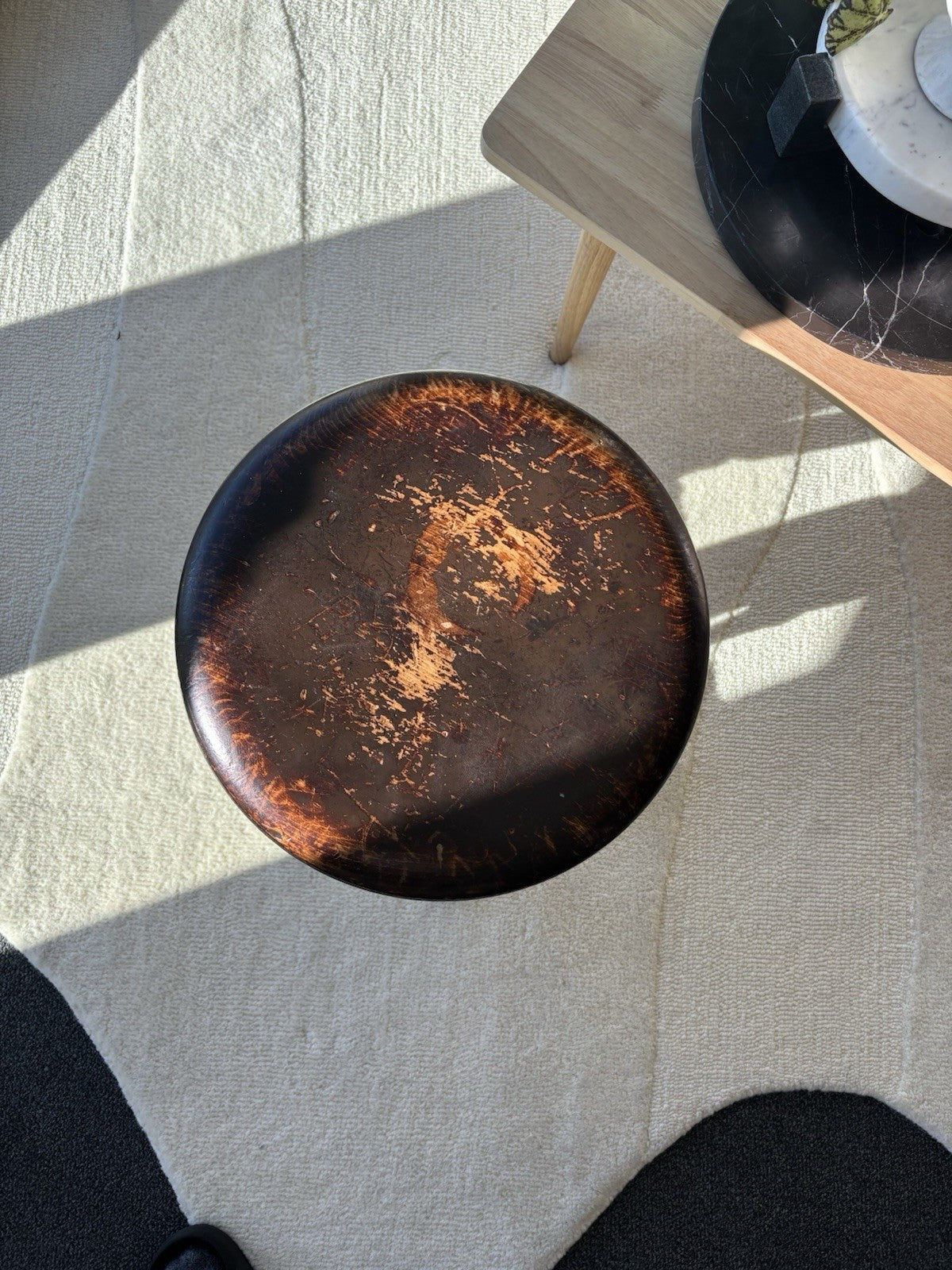 ANTIQUE 1879 Victorian Piano Stool Solid Dark Wood Swivel Glass Ball Claw Foot