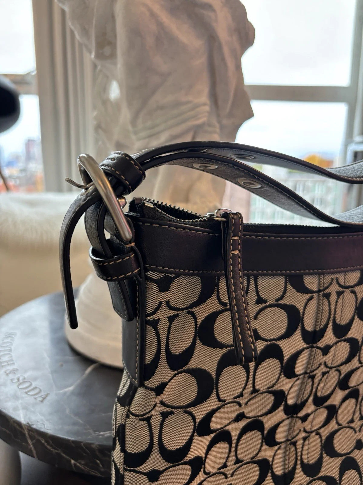 COACH Vintage Bucket Bag Handbag Black Leather Canvas Adjusting Strap (org $350)