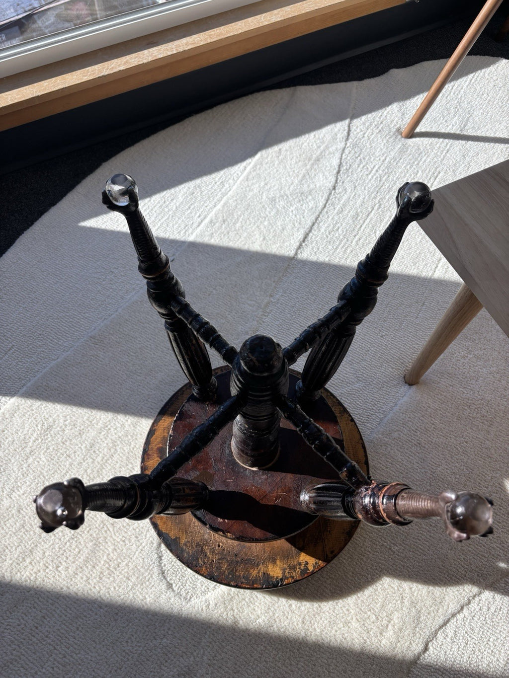 ANTIQUE 1879 Victorian Piano Stool Solid Dark Wood Swivel Glass Ball Claw Foot