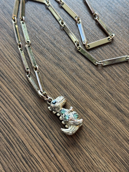COACH Rare Rexy Dinosaur Pendant Necklace Gold Tone Crystal Bar Chain (org $150)