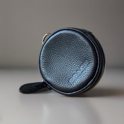 COACH Leather Round Coin Pouch Case Wallet Purse Zip Around Black Gunmetal Charm