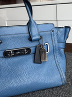 COACH Swagger 27 Pebble Leather Satchel Bag Electric Blue Top Handles (org $395)