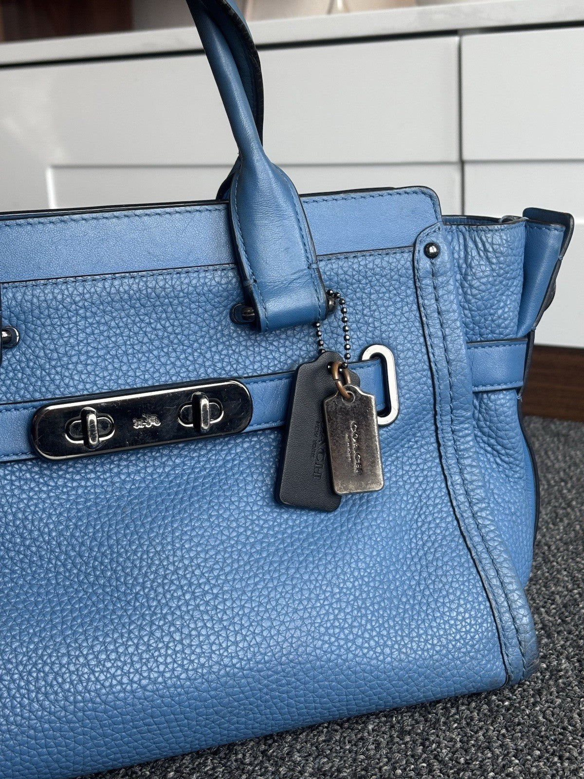 COACH Swagger 27 Pebble Leather Satchel Bag Electric Blue Top Handles (org $395)