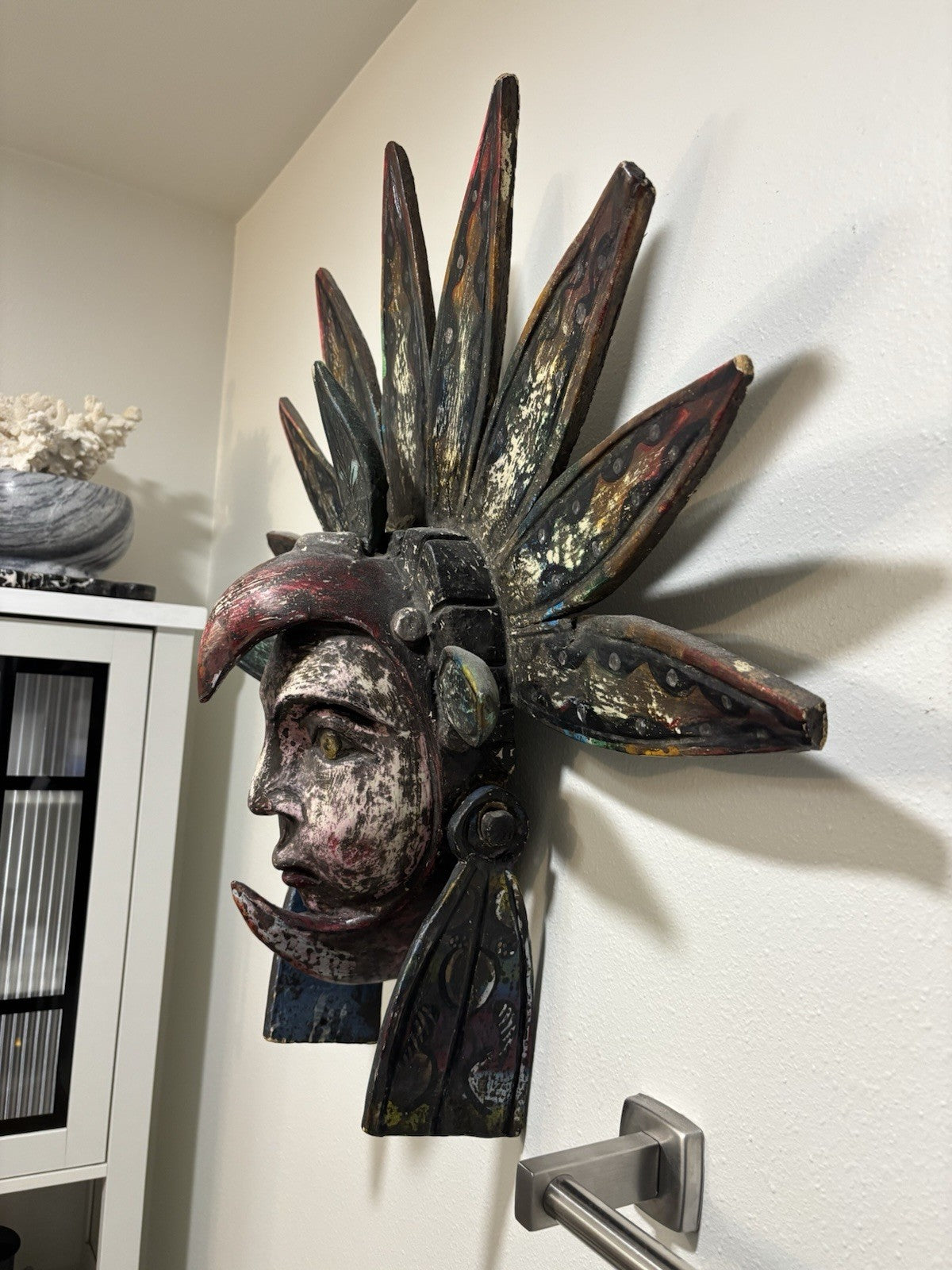 VINTAGE Mexican Hand Carved Wood Wall Mask Bird Headdress Folk Art Large 29inch