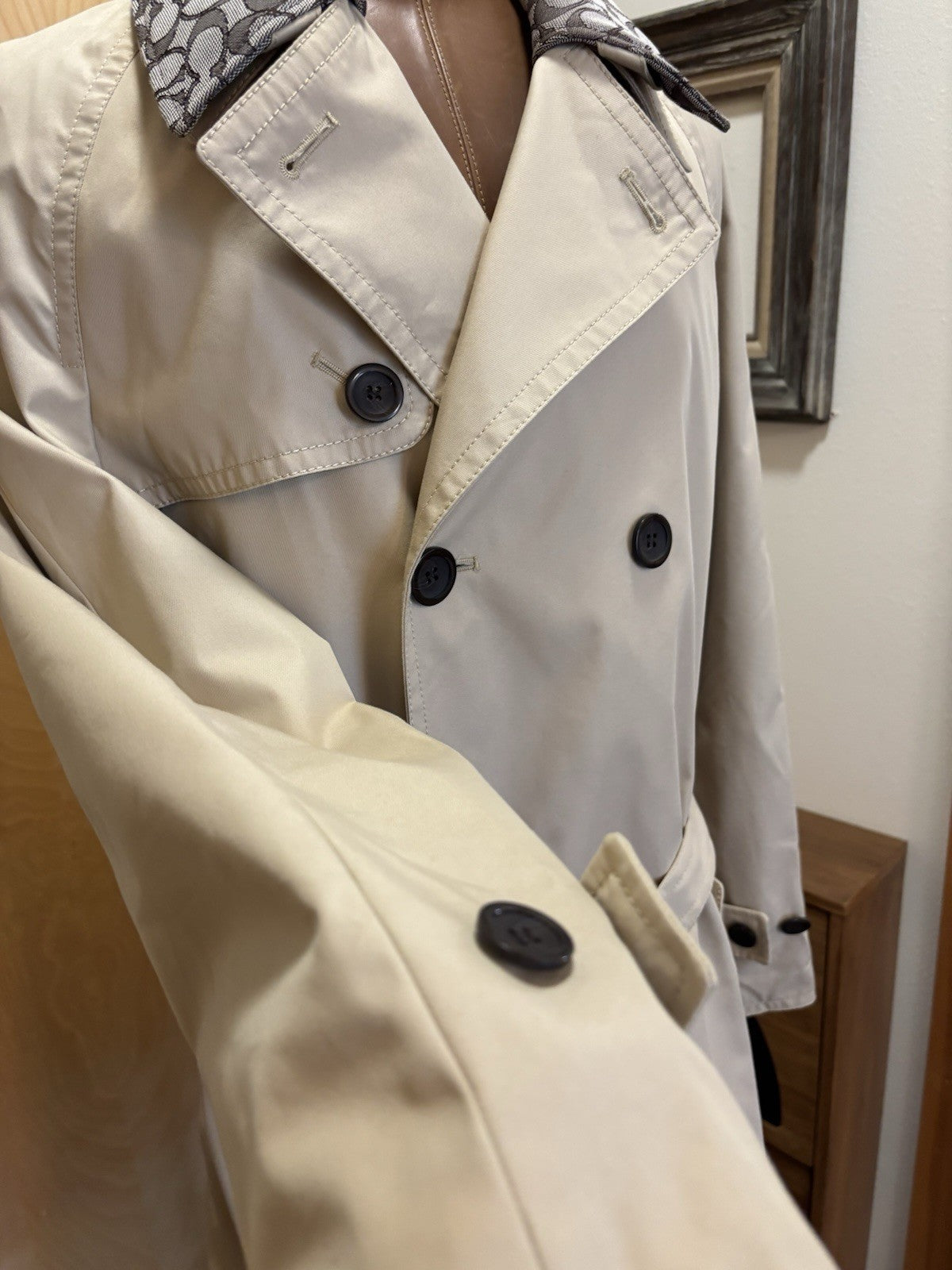 COACH Designer Trench Coat Jacket Leather Details Tan Khaki Brown (org $795)