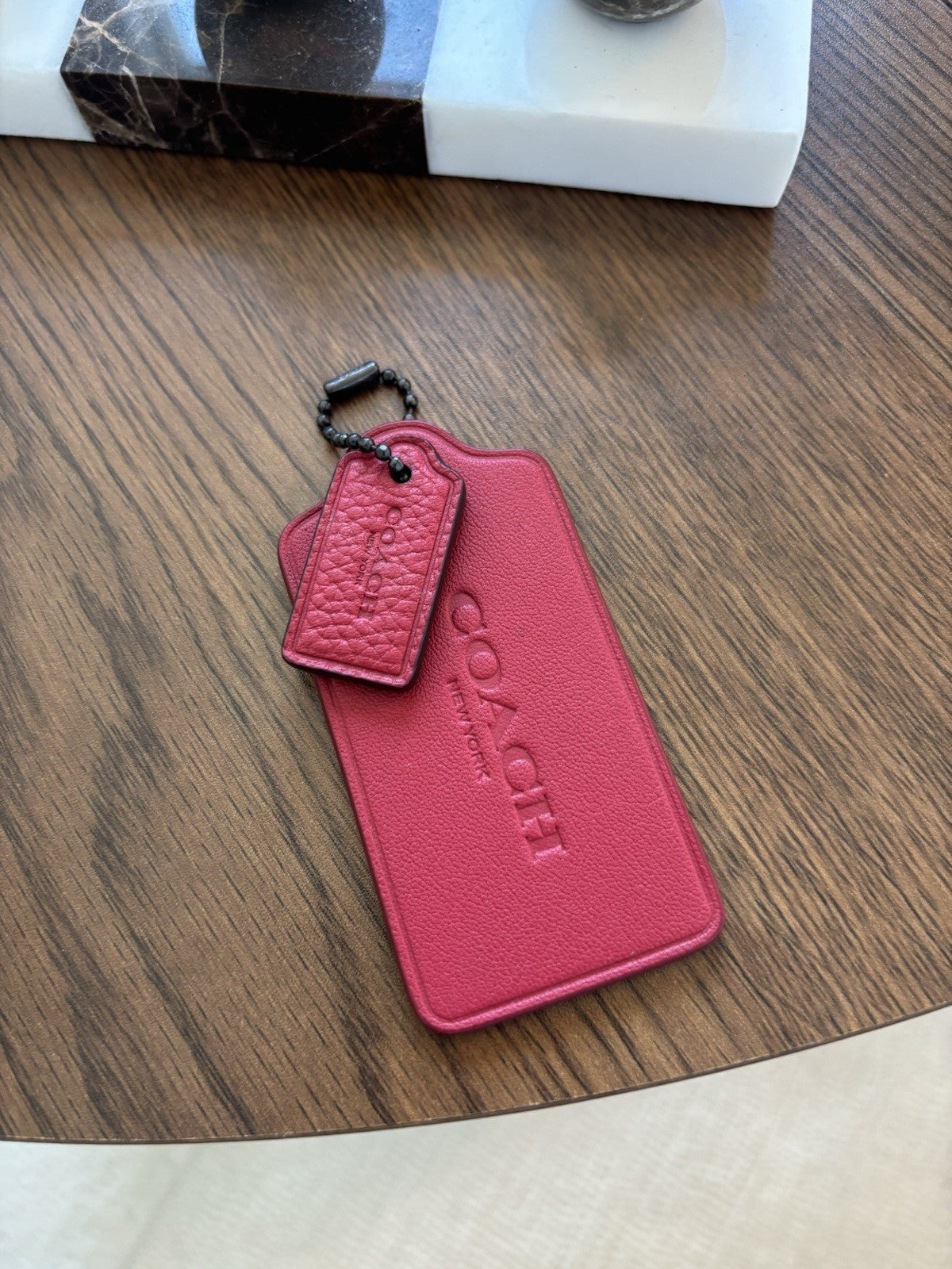 COACH 2 Designer Hanging Bag Charm Fob Two Sport Red Leather Tag Gunmetal Chain