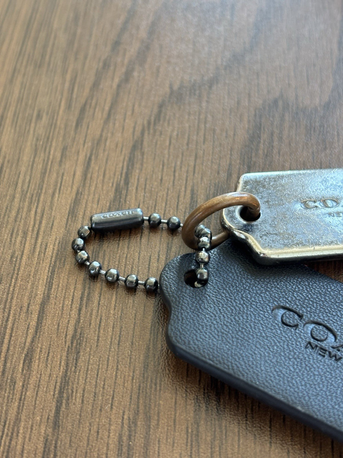 COACH Designer (2) Hanging Bag Charm Fob Black Leather /Gunmetal Tag /Bead Chain
