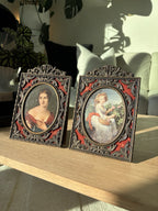 1951 VINTAGE Italian Portrait Frames Set of 2 Brass Filigree & Red Velvet 5x8”