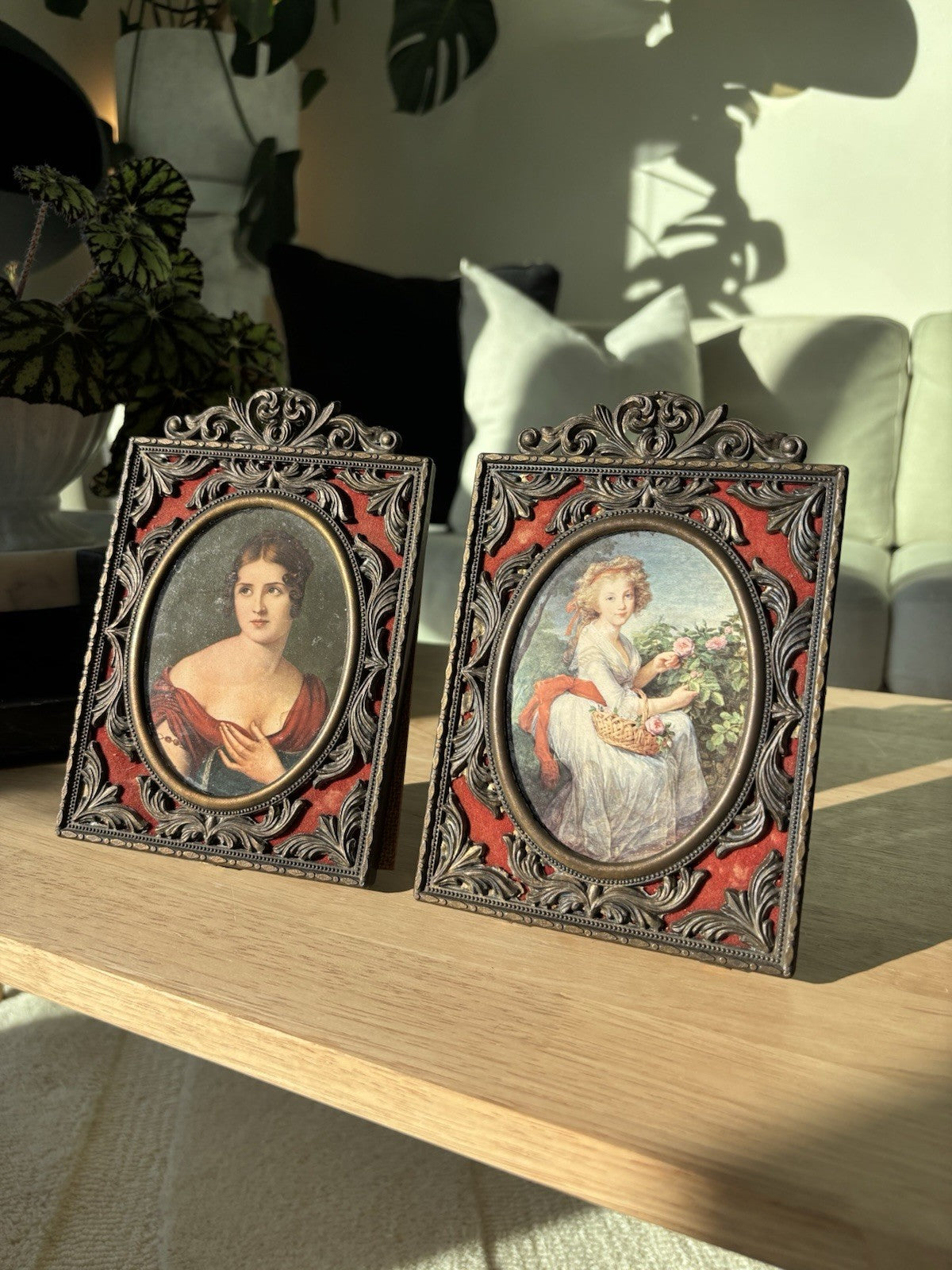 1951 VINTAGE Italian Portrait Frames Set of 2 Brass Filigree & Red Velvet 5x8”