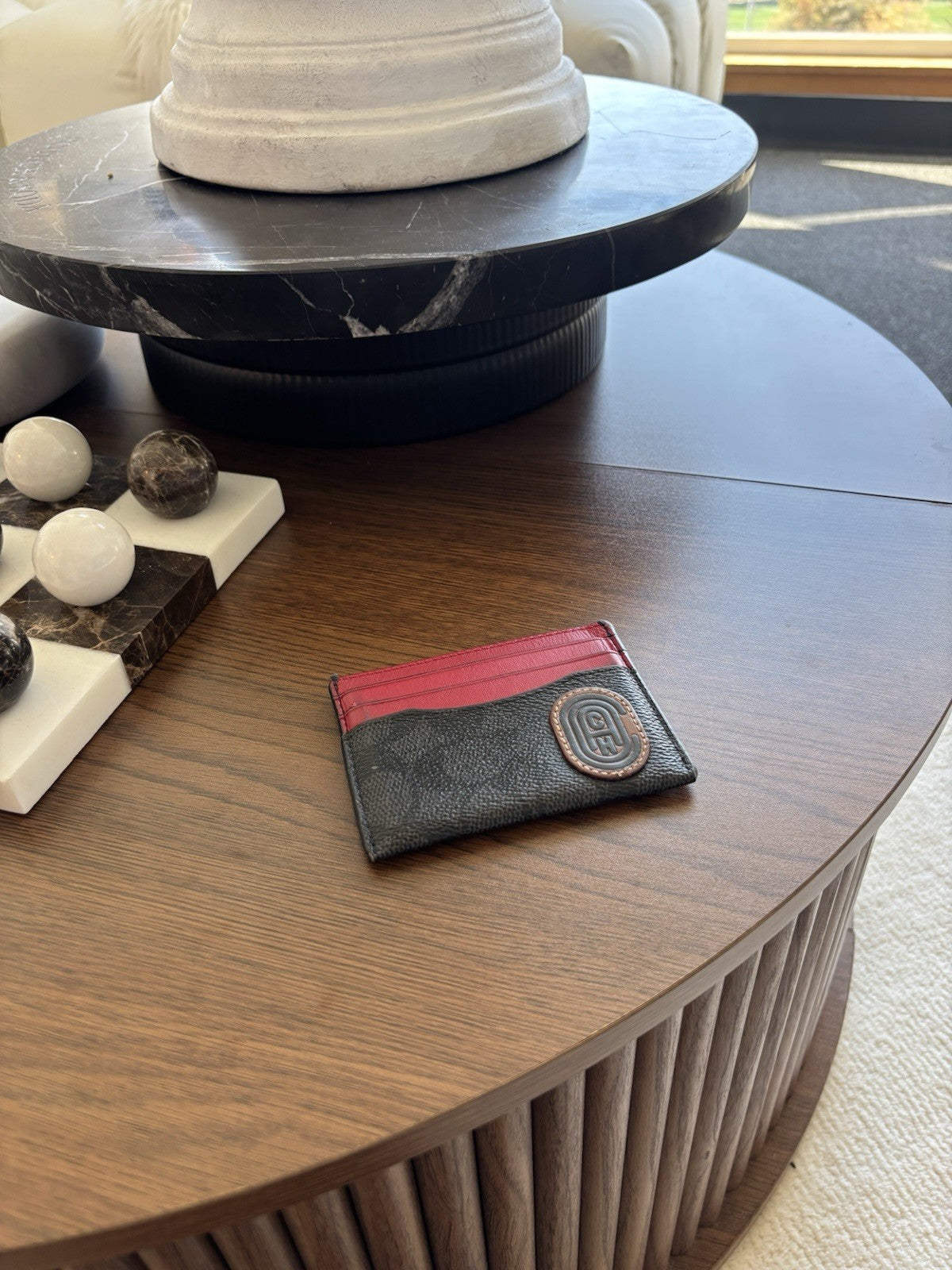 COACH ID Card Case Charcoal Red Signature Wallet Credit/Business Card Holder