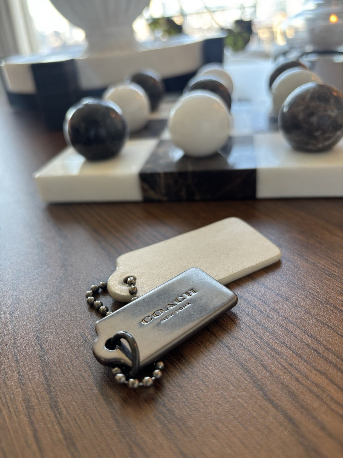 COACH Designer 2 Hanging Bag Charm Fob Chalk White Leather /Gunmetal Tag & Chain