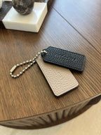 COACH Designer Leather 2 Hanging Bag Charm Fob Black/ Tan Tag Silver Bead Chain