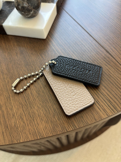 COACH Designer Leather 2 Hanging Bag Charm Fob Black/ Tan Tag Silver Bead Chain
