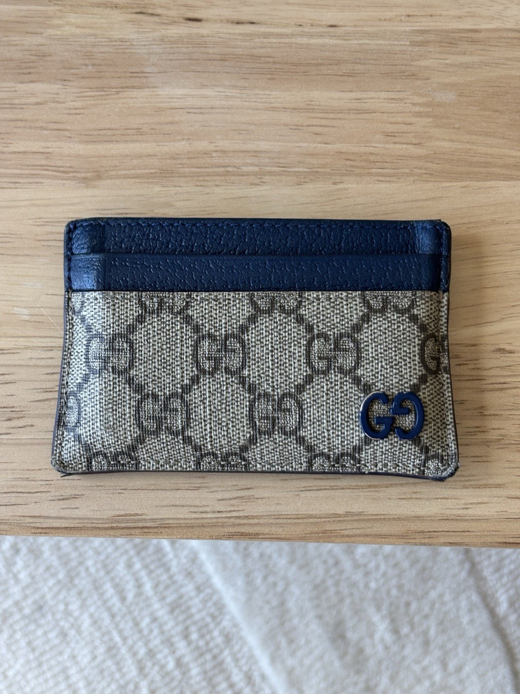 GUCCI Supreme GG Card Holder Beige Ebony Canvas Blue Leather 768248 (org $285)