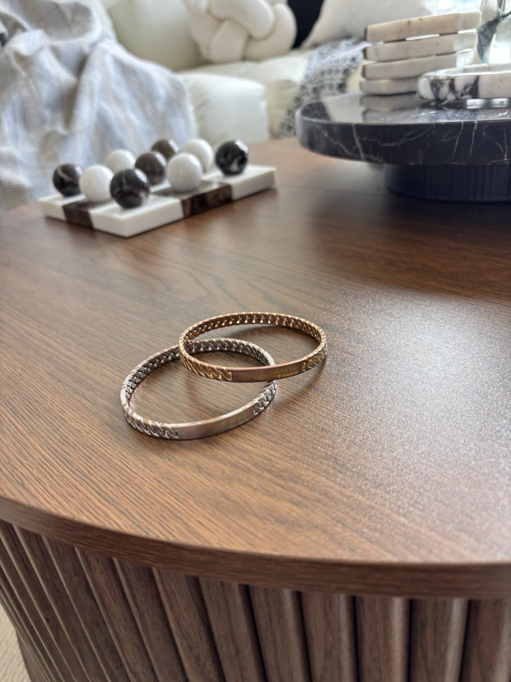 Vintage Designer COACH Set of 2 Bangle Bracelet Embossed Silver & Gold Plated
