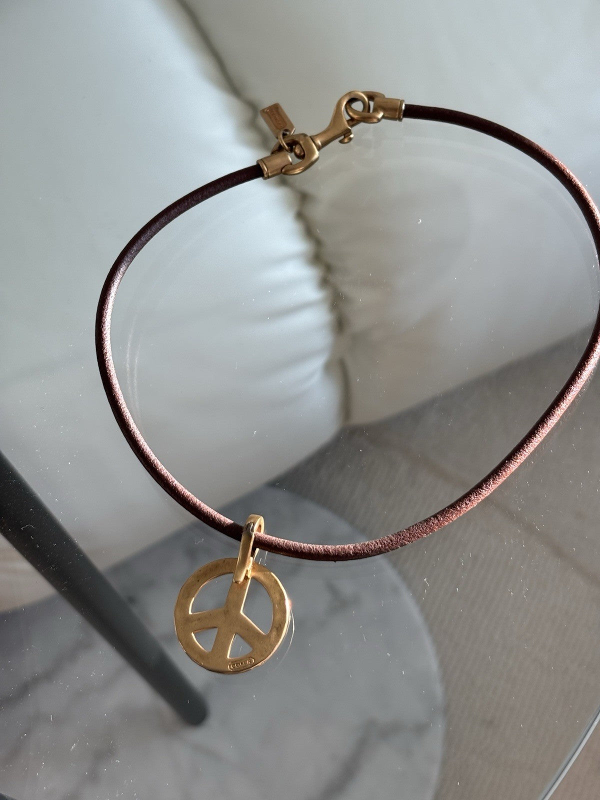Vintage COACH Brown Leather Cord Gold Brass Peace Sign Pendant Necklace 14 inch