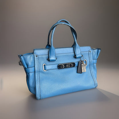 COACH Swagger 27 Pebble Leather Satchel Bag Electric Blue Top Handles (org $395)