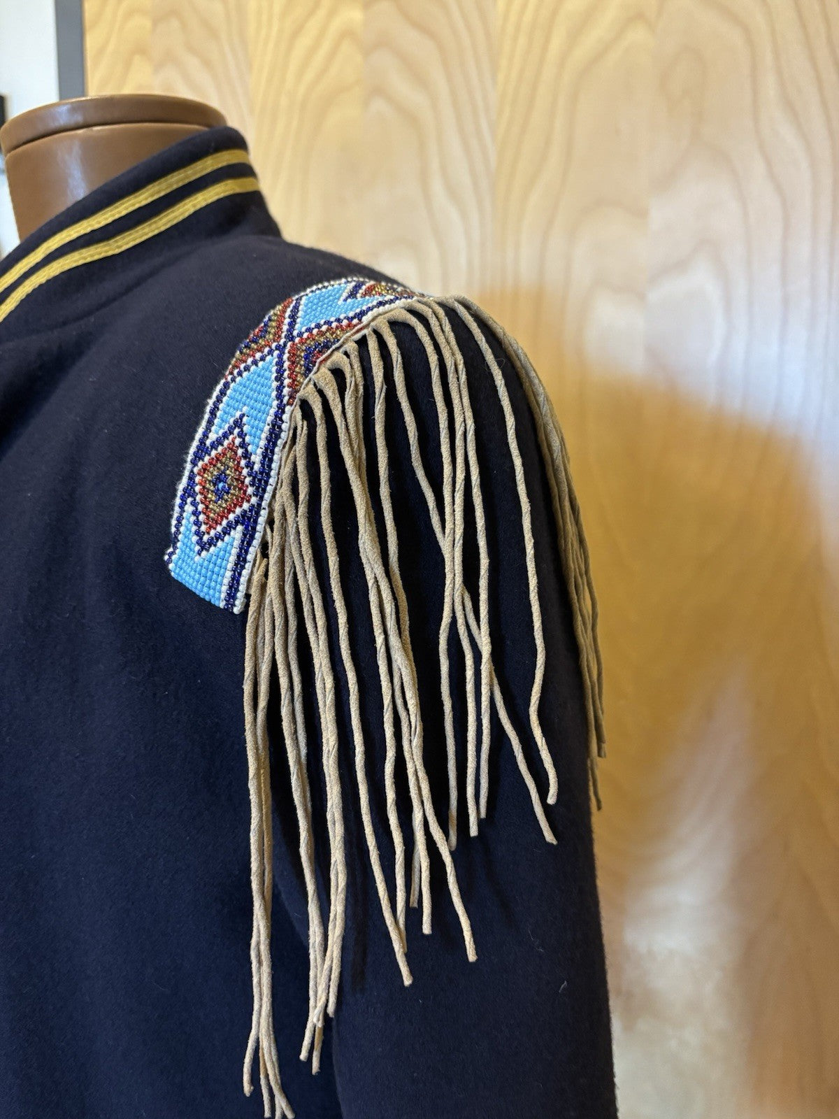 Double D Ranch VINTAGE Wool Jacket Military Beaded NavyBlue Varsity Stripe Small