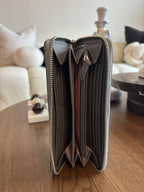 COACH Metallic Leather Stripe/Medallion Zip Around Wallet Charcoal Gray Silver