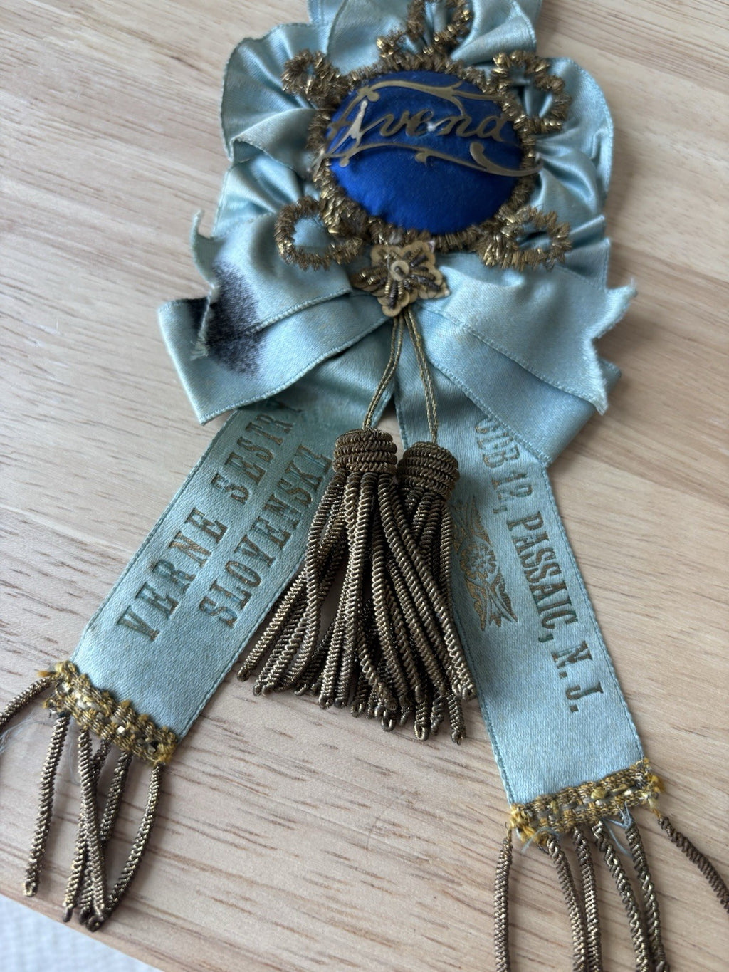 1893 ANTIQUE Slovak Sisters Branch 12 Passaic NJ Blue Ribbon Rosette Prize Badge