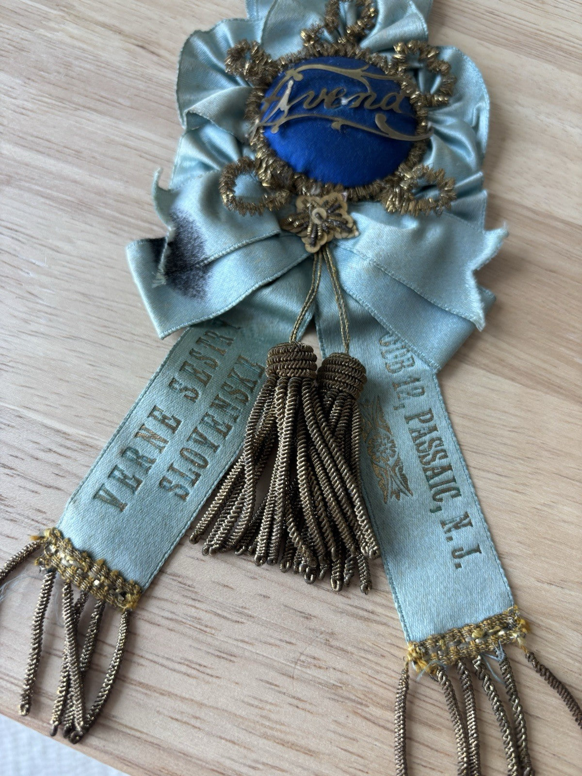 1893 ANTIQUE Slovak Sisters Branch 12 Passaic NJ Blue Ribbon Rosette Prize Badge