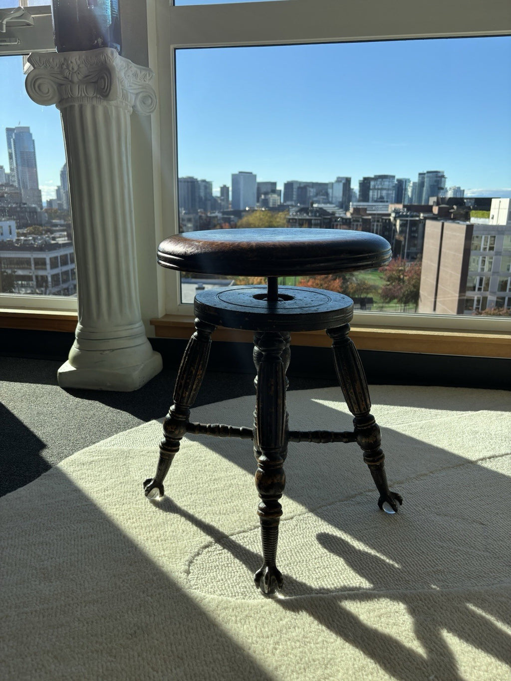 ANTIQUE 1879 Victorian Piano Stool Solid Dark Wood Swivel Glass Ball Claw Foot