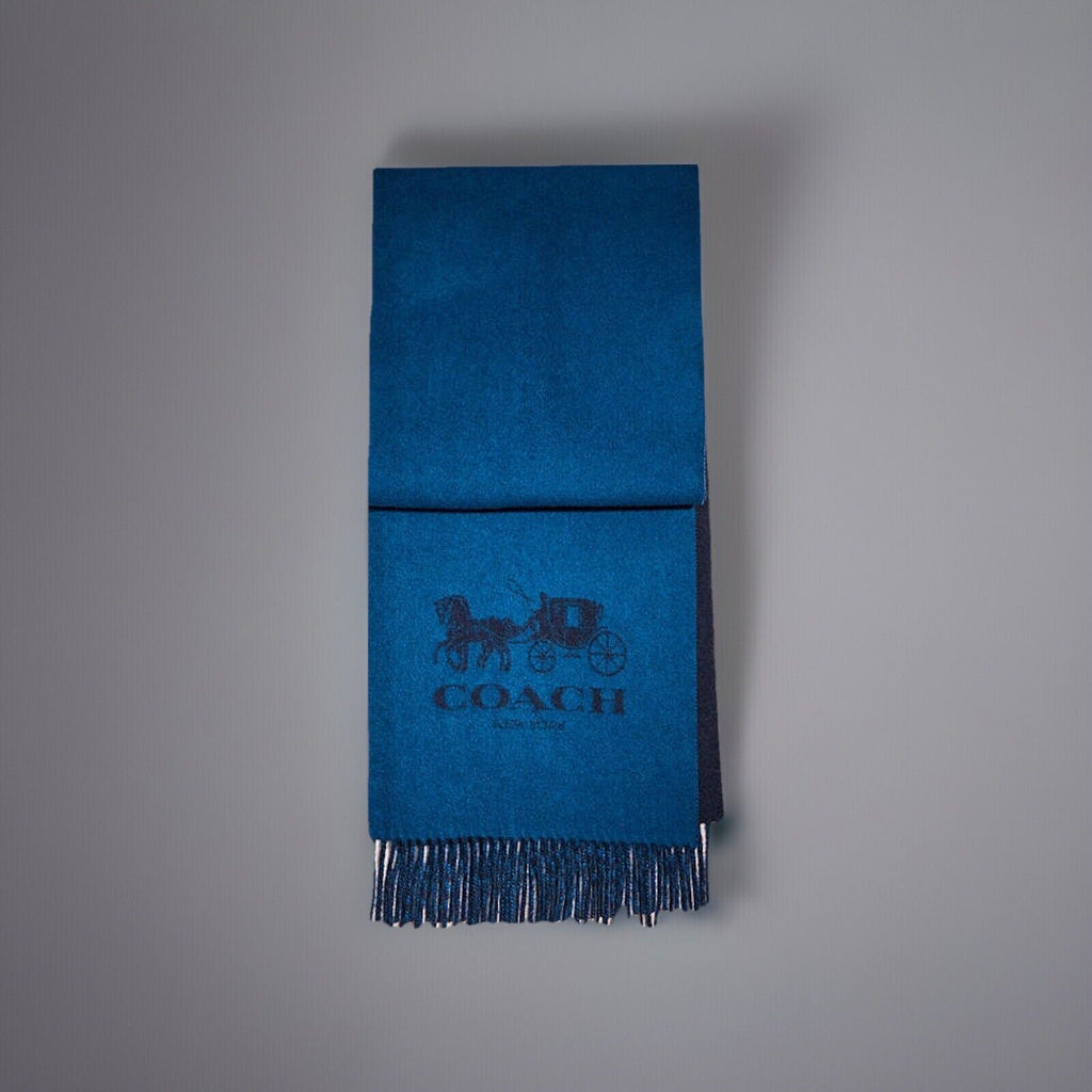Designer COACH scarf 100% cashmere blue $225 warm 72” X 16” navy/denim 12166