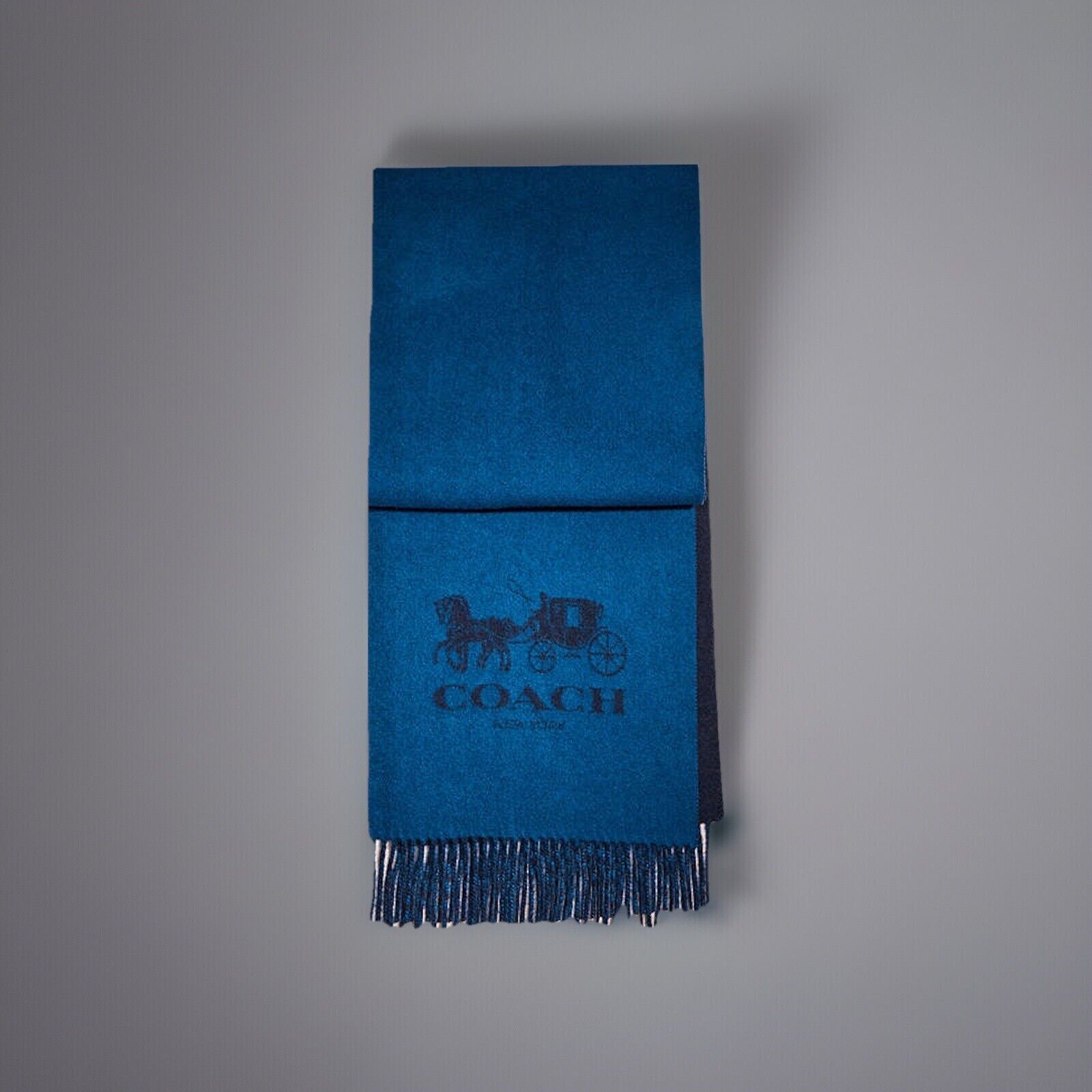 Designer COACH scarf 100% cashmere blue $225 warm 72” X 16” navy/denim 12166