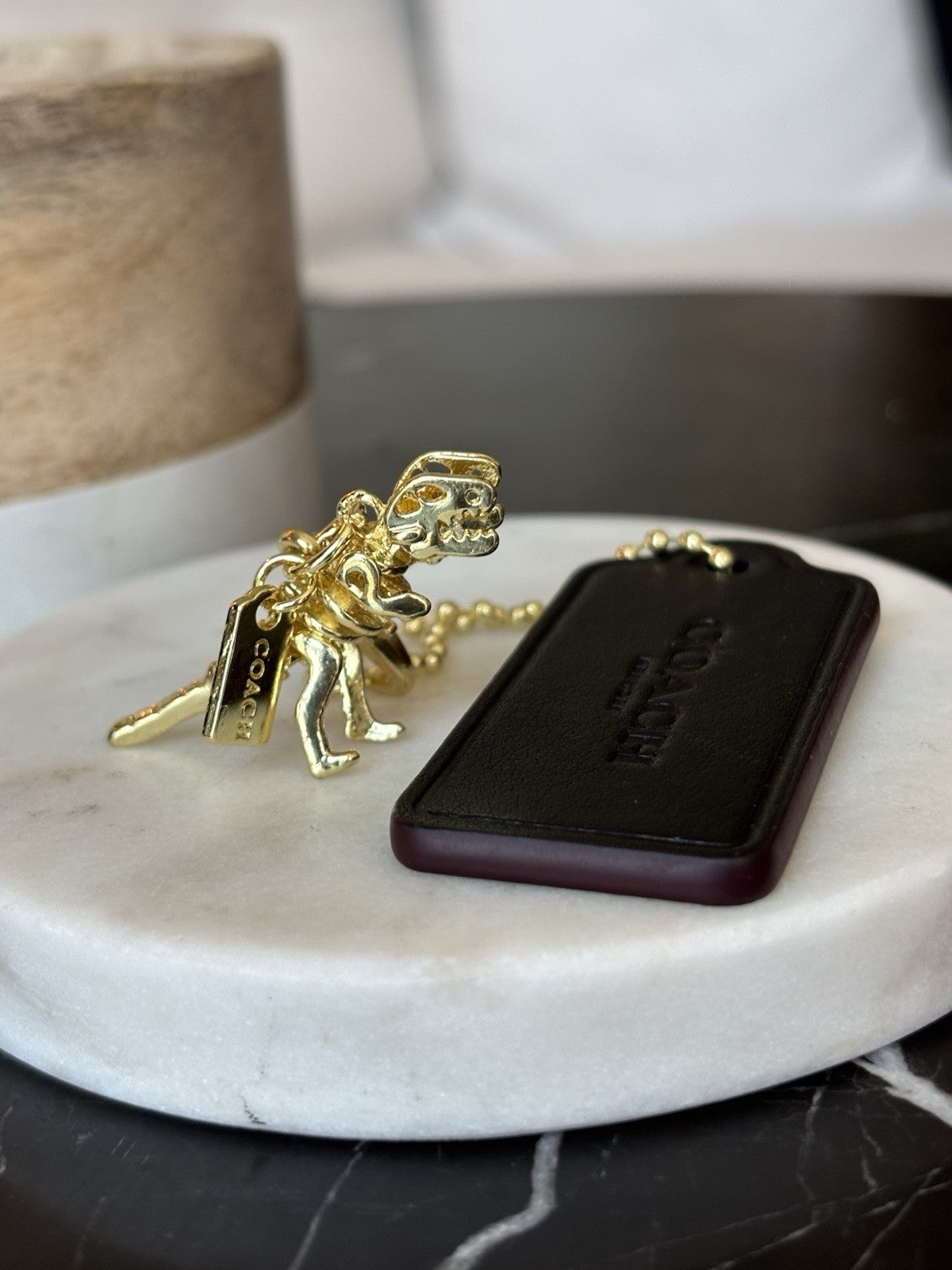 COACH New York Designer REXY Hang Tag Dino Bag Charm Fob Chain Gold/Black/Maroon