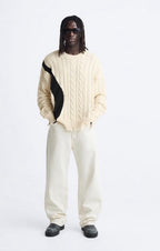 ZARA Cable Knit Crew Sweater Contrasting Cream Black Distressed Size L (org $70)