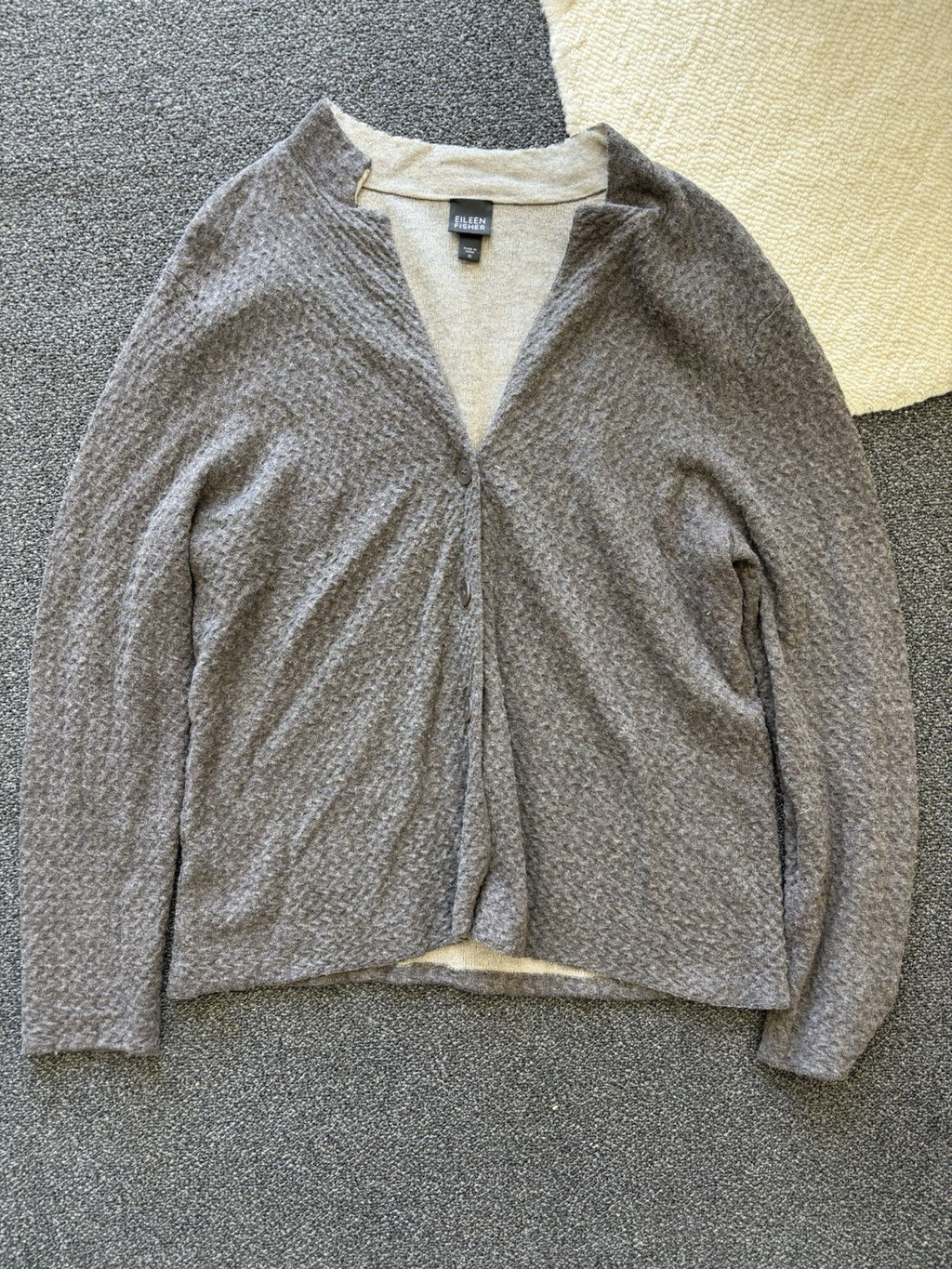EILEEN FISHER Textured Wool Blend Cardigan Medium Taupe Gray Button-Up Sweater