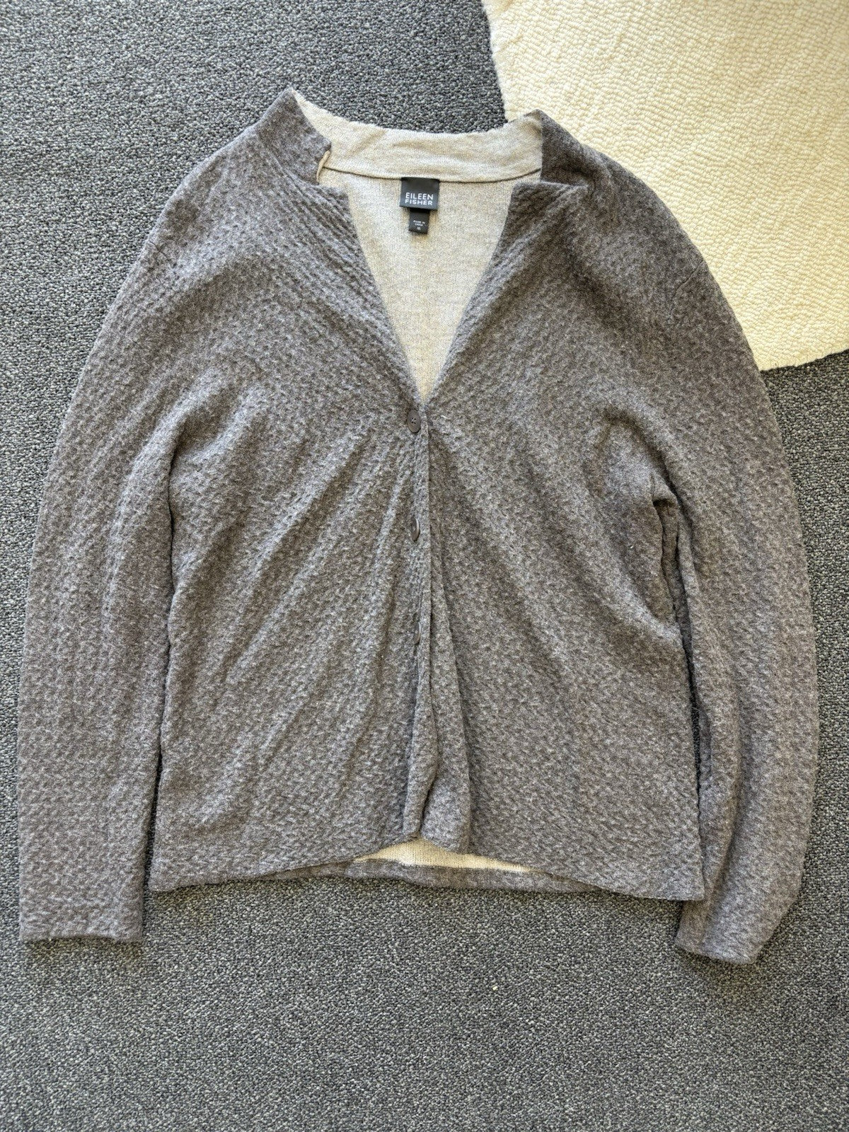 EILEEN FISHER Textured Wool Blend Cardigan Medium Taupe Gray Button-Up Sweater