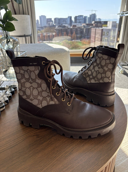 COACH Citysole Boots Men Sz 10.5 Brown Combat Leather Signature Logo (org $350)