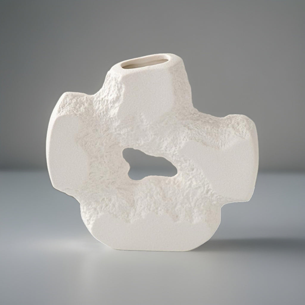 MODERN White Sculptural Ceramic Vase Textured Organic Hollow Greek Art Decor