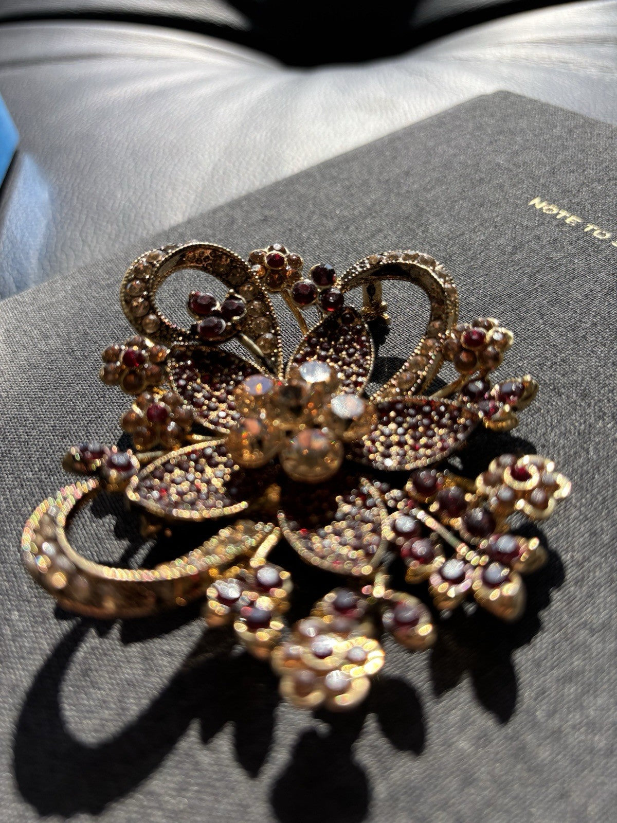 AVON Brooch Pin Ruby Red /Amber Rhinestones Gold 35 Year Anniversary 3” New