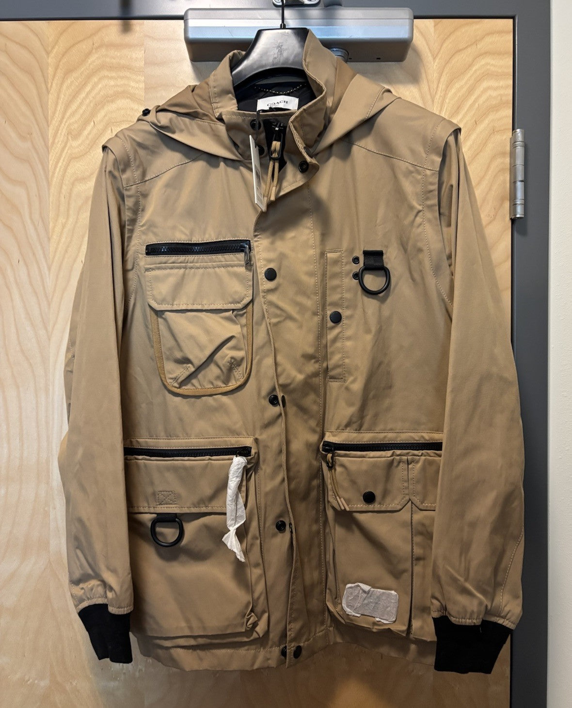 COACH Utility Jacket Khaki Tan Hooded Field Coat Leather Trim Pocket (org $695)