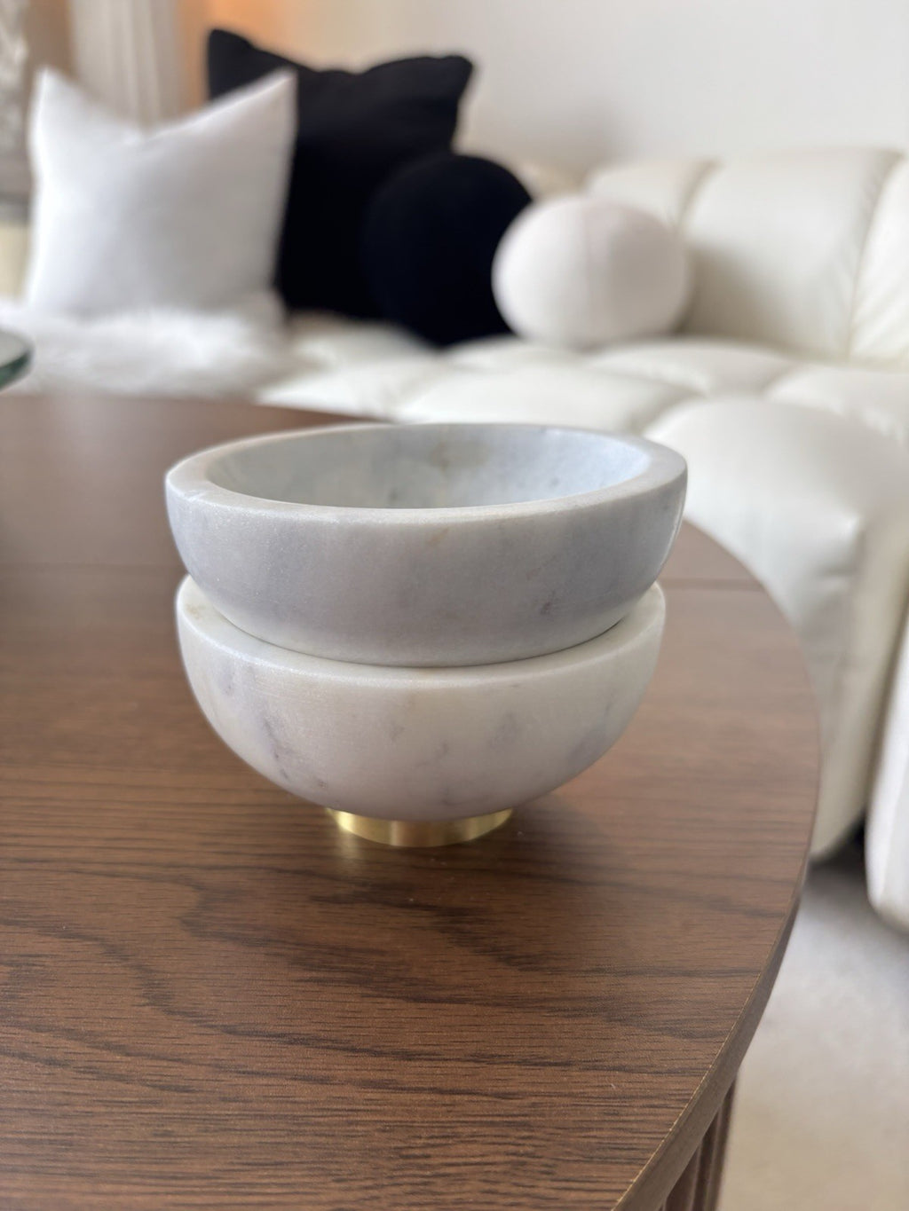 MARBLE Stone Set of 2 Carved Pinch Bowl For Herbs Or Spices 4" White / Gold Trim