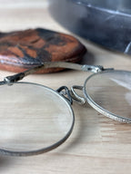 ANTIQUE 1900s Silver Pince Nez Eyeglasses Round C Bridge Spectacles Leather Case