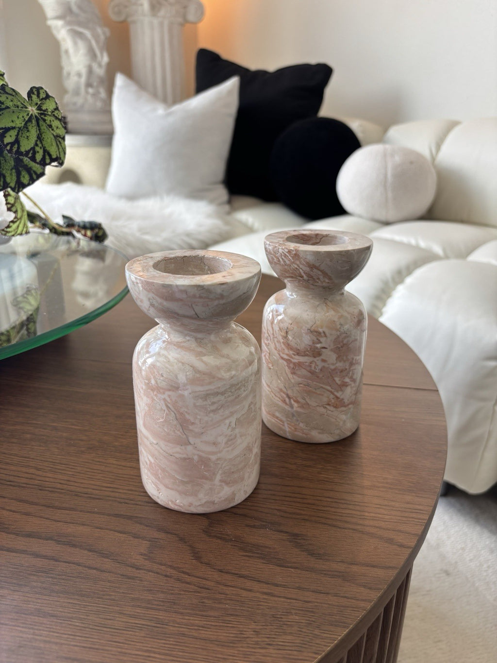 ITALIAN Pink/White Marble Candlestick Holders (2) Pair Japanese Style Made Italy