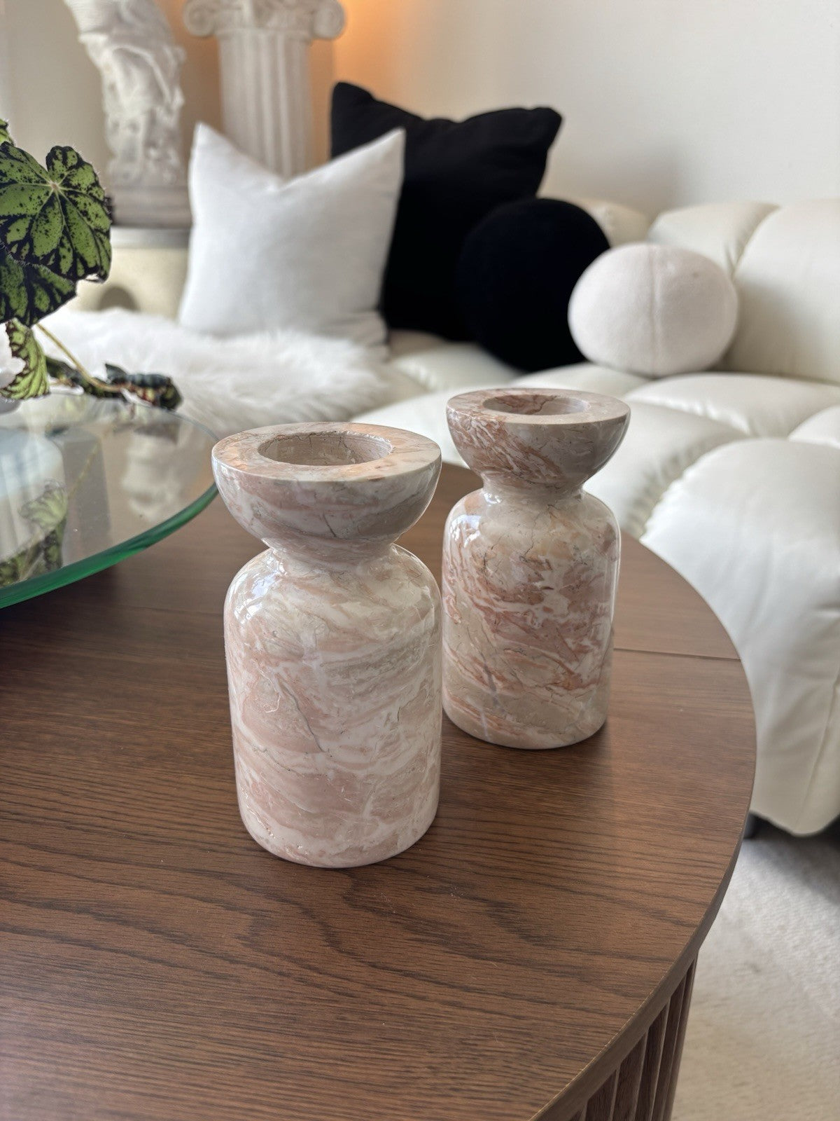 ITALIAN Pink/White Marble Candlestick Holders (2) Pair Japanese Style Made Italy
