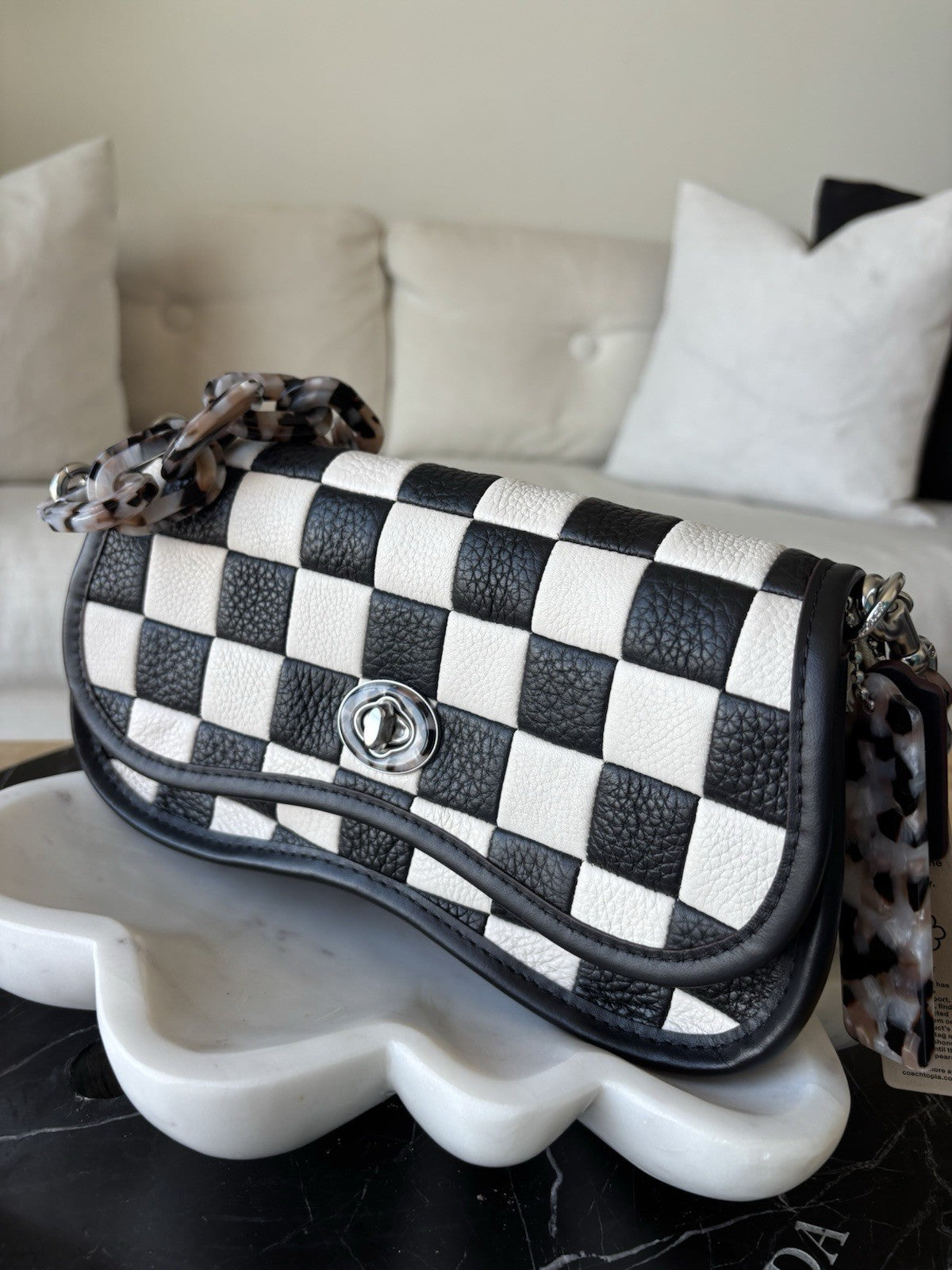COACH Coachtopia Wavy Dinky Crossbody Bag Black/white Checkerboard Check Leather