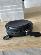 COACH Leather Round Coin Pouch Case Wallet Purse Zip Around Black Gunmetal Charm