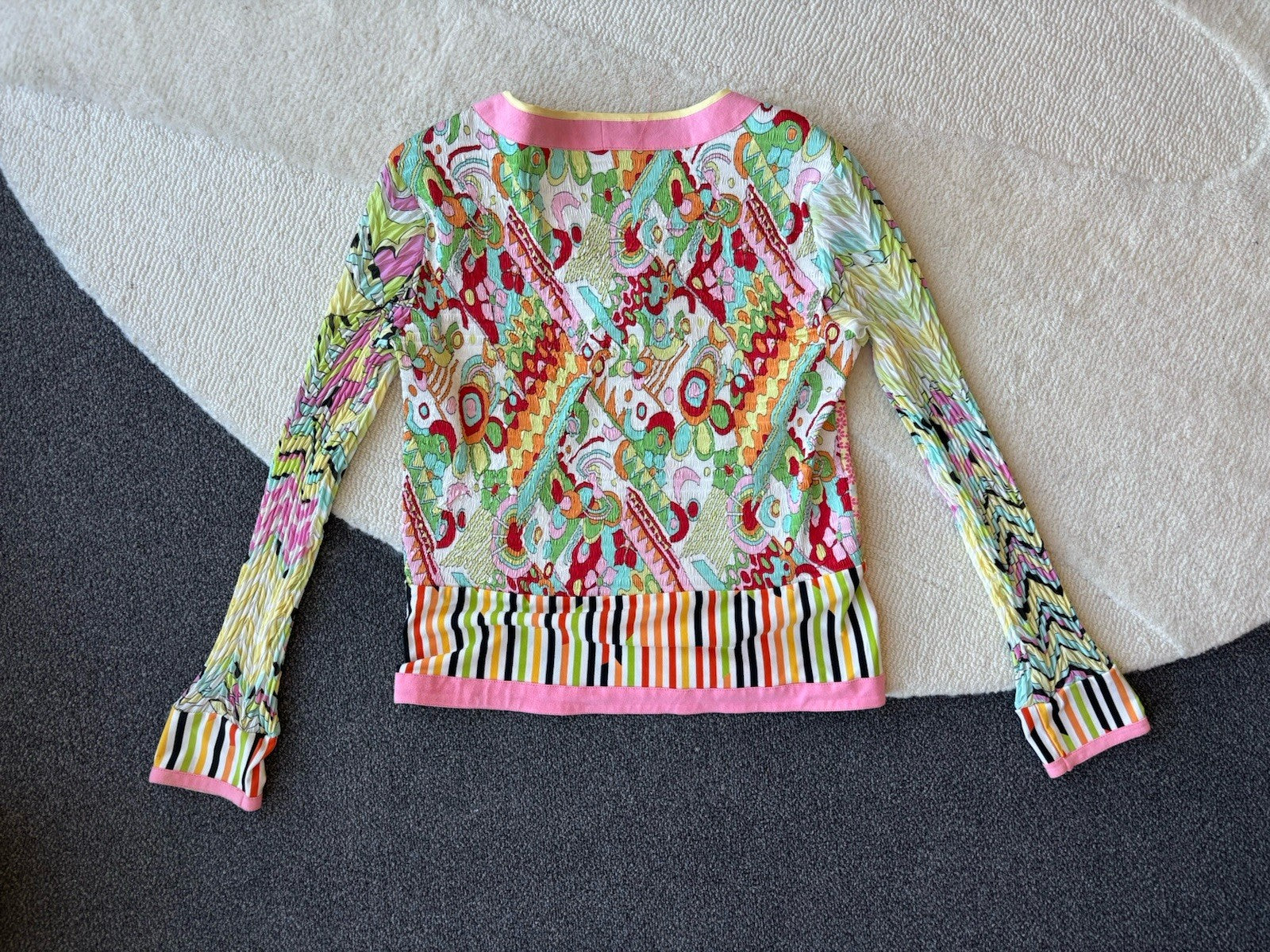 LILLIE RUBIN Vintage 2001 Y2K Fairy Floral Top XL Crinkle Bell Sleeve Zip Blouse