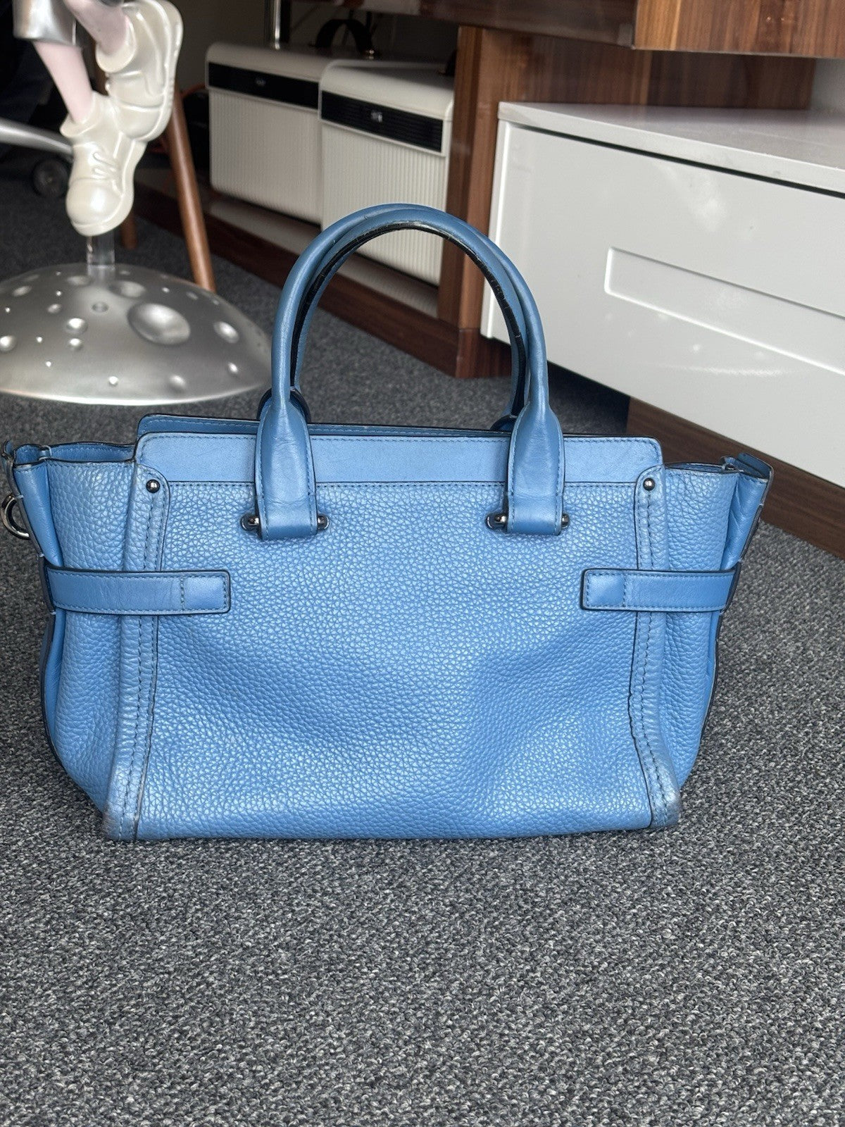 COACH Swagger 27 Pebble Leather Satchel Bag Electric Blue Top Handles (org $395)